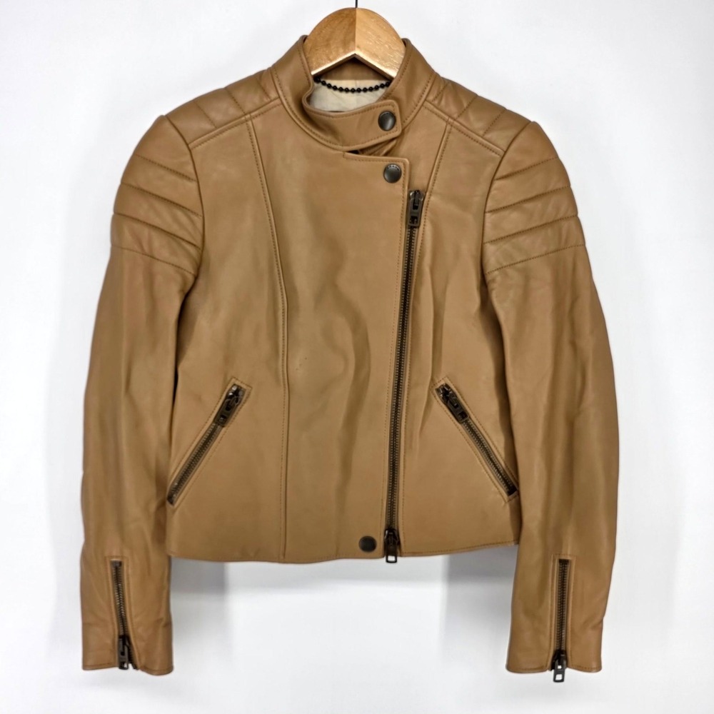 Coach Leather Moto Jacket Womens 0 Tan Sheepskin Biker Quilted Asymmetrical Zip